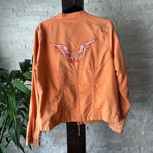 HARLEY DAVIDSON Orange Canvas Angel Wings Embroidered Zip Biker Jacket Size L